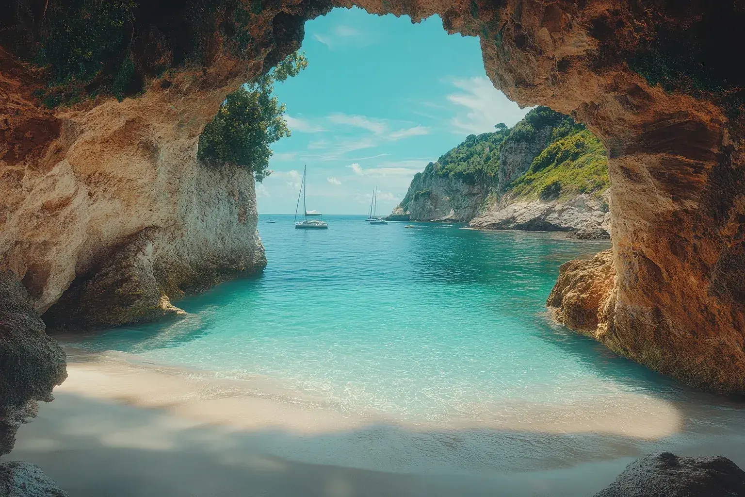 sailboats-anchoring-in-turquoise-bay-seen-from-inside-a-cave